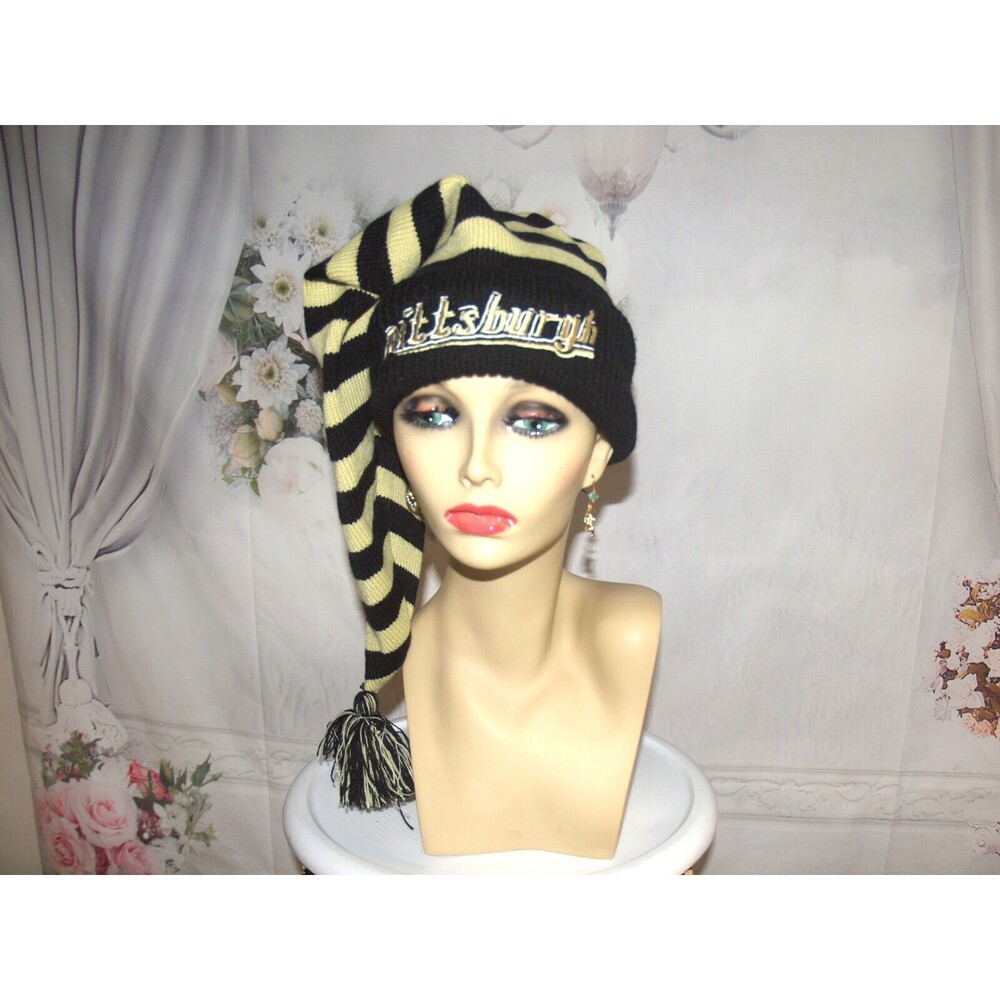 Pittsburgh long Knit Hat Yellow Black Knit with Embroidered Cuff and Pom pom